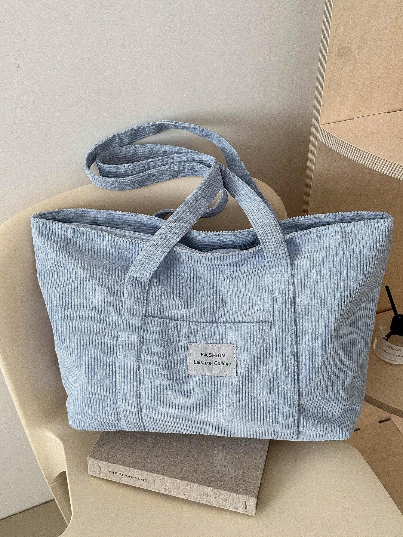 Duża sztruksowa torba shopper w kolorze niebieskim na studia i do pracy