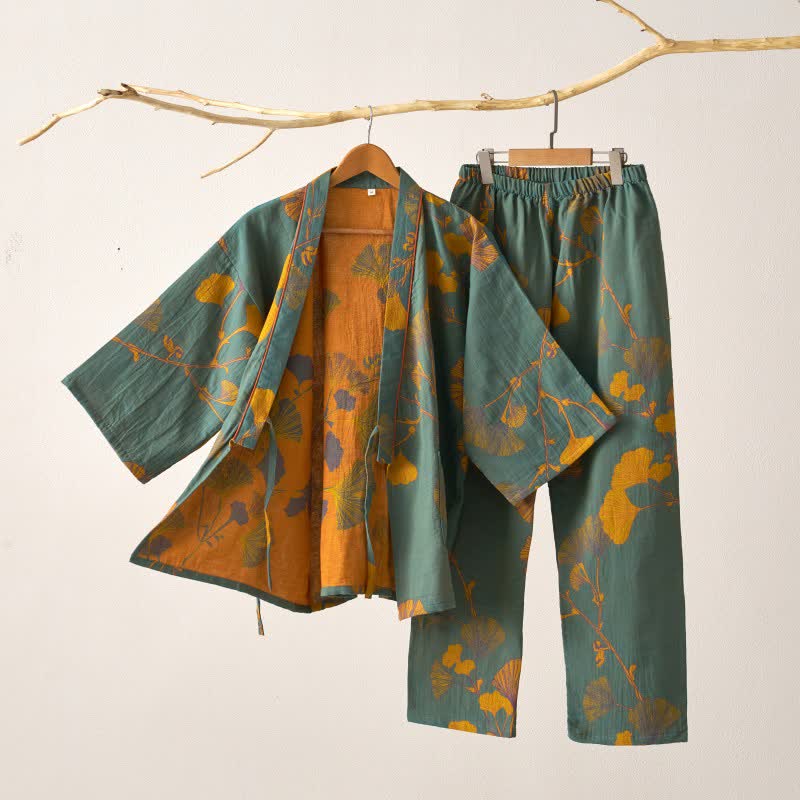 Bawełniana piżama kimono z motywem liści miłorzębu w kolorze zielono-żółtym, rozmiar XL