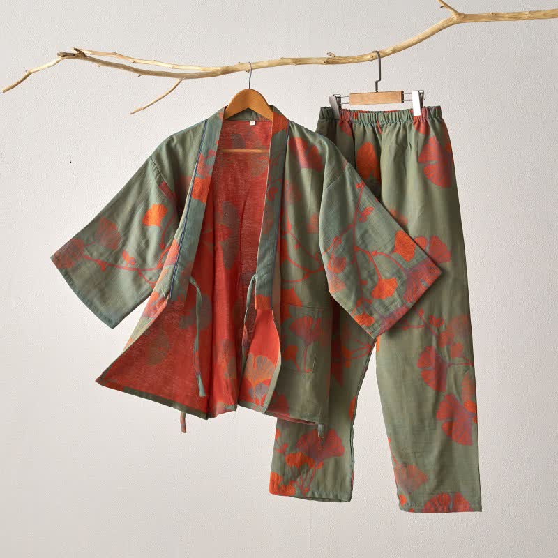 Bawełniana piżama kimono z motywem liści miłorzębu w kolorze zielono-pomarańczowym, rozmiar XL