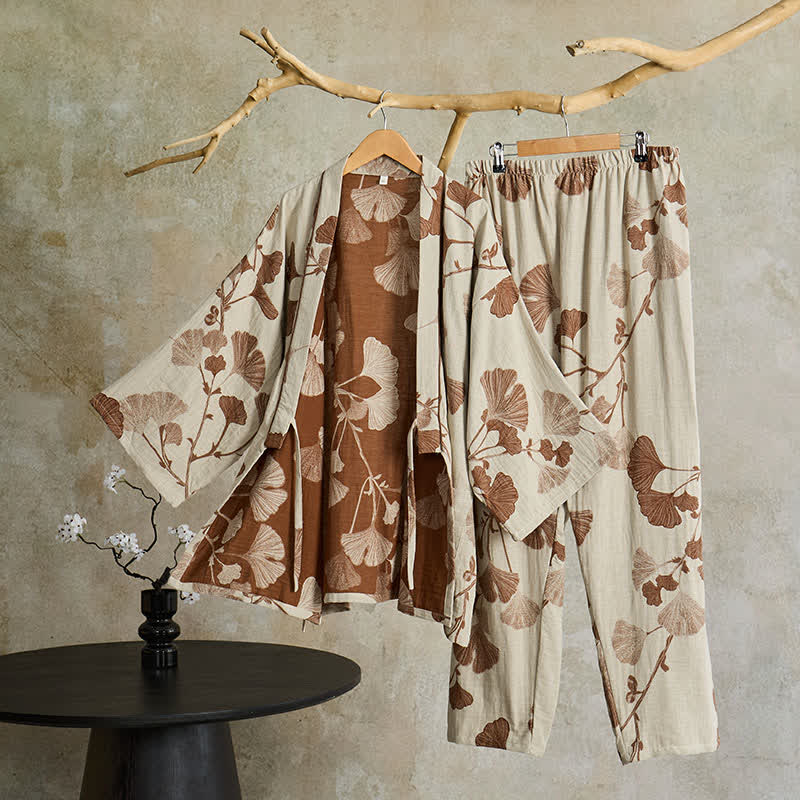 Komplet do spania kimono z bawełny – detal wzoru żakardowego