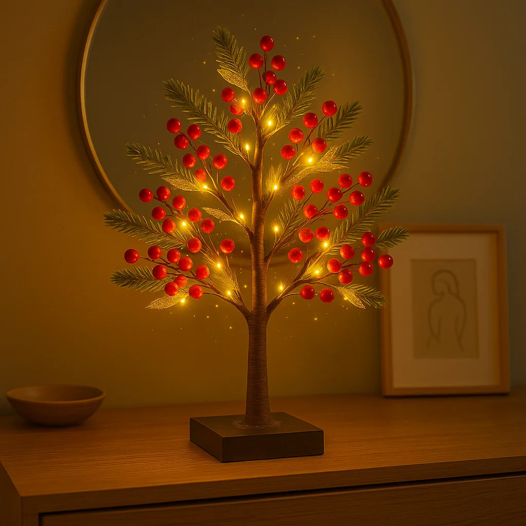 Dekoracyjne Bonsai z Czerwonymi Jagodami, Elastyczne Drzewko z Oświetleniem LED – 30 cm, Sztuczne Kwiaty do Dekoracji Wnętrz 1