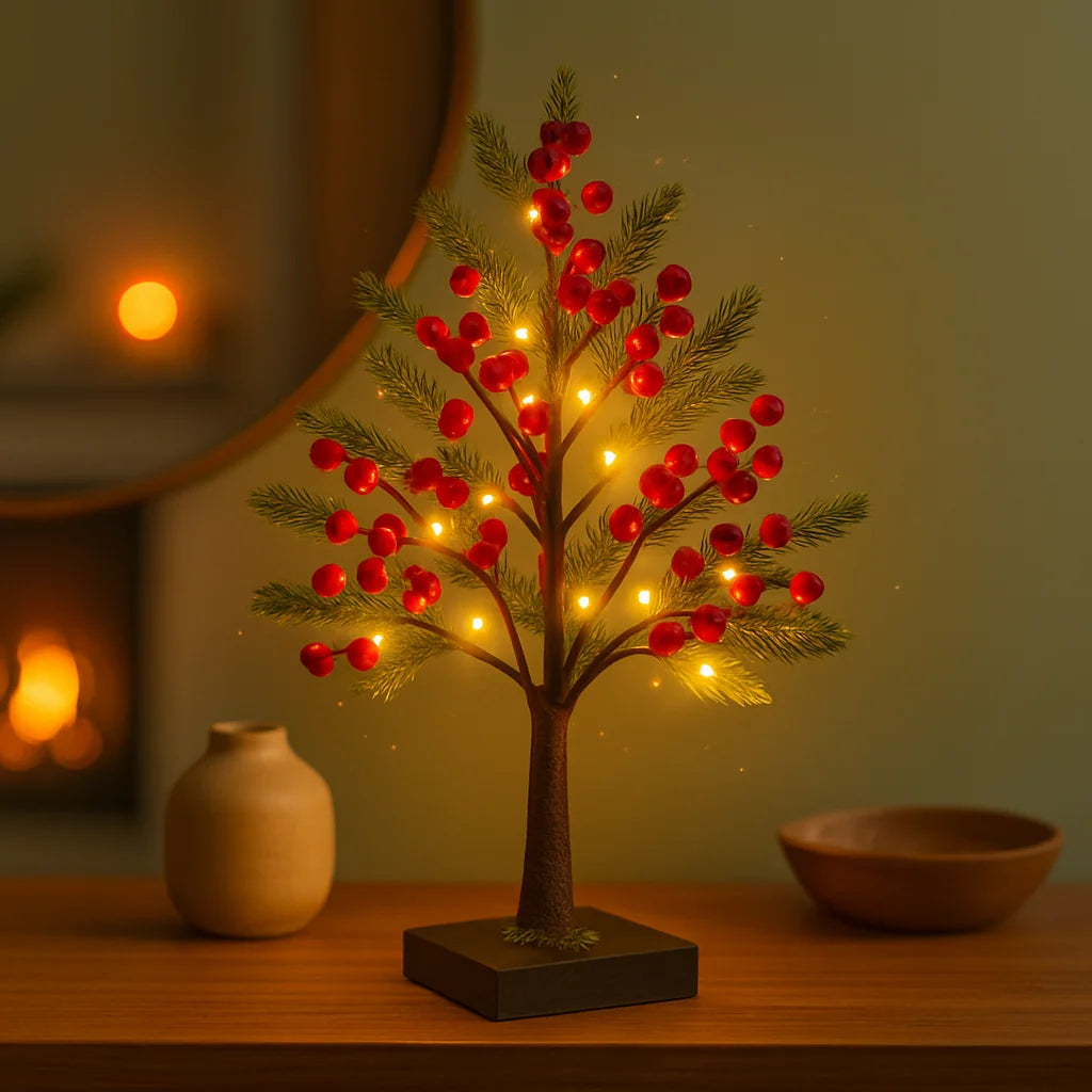 Dekoracyjne Bonsai z Czerwonymi Jagodami, Elastyczne Drzewko z Oświetleniem LED – 30 cm, Sztuczne Kwiaty do Dekoracji Wnętrz 2