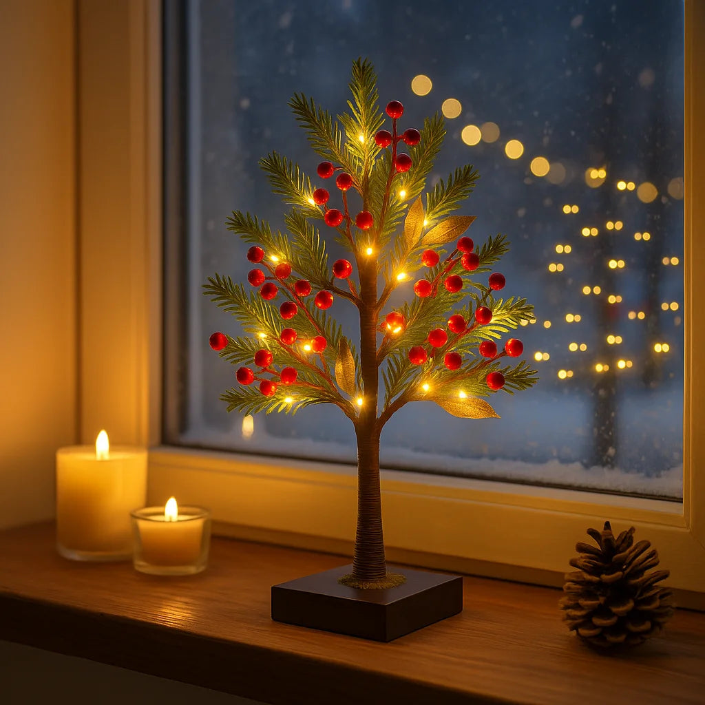 Dekoracyjne Bonsai z Czerwonymi Jagodami, Elastyczne Drzewko z Oświetleniem LED – 30 cm, Sztuczne Kwiaty do Dekoracji Wnętrz 4