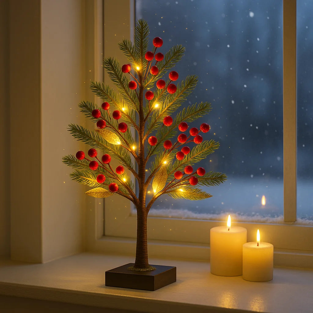 Dekoracyjne Bonsai z Czerwonymi Jagodami, Elastyczne Drzewko z Oświetleniem LED – 30 cm, Sztuczne Kwiaty do Dekoracji Wnętrz 5