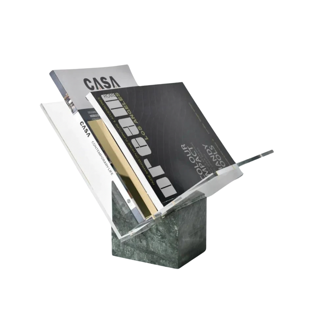 Elegancki Stojak na Książki z Marmuru i Przezroczystego Akrylu – Stabilny Organizer Biurkowy 1