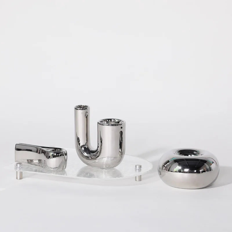 Elegancki Świecznik Ceramiczny w Geometrycznym Kształcie – Srebrne Wykończenie, 15 cm do Wnętrz 6