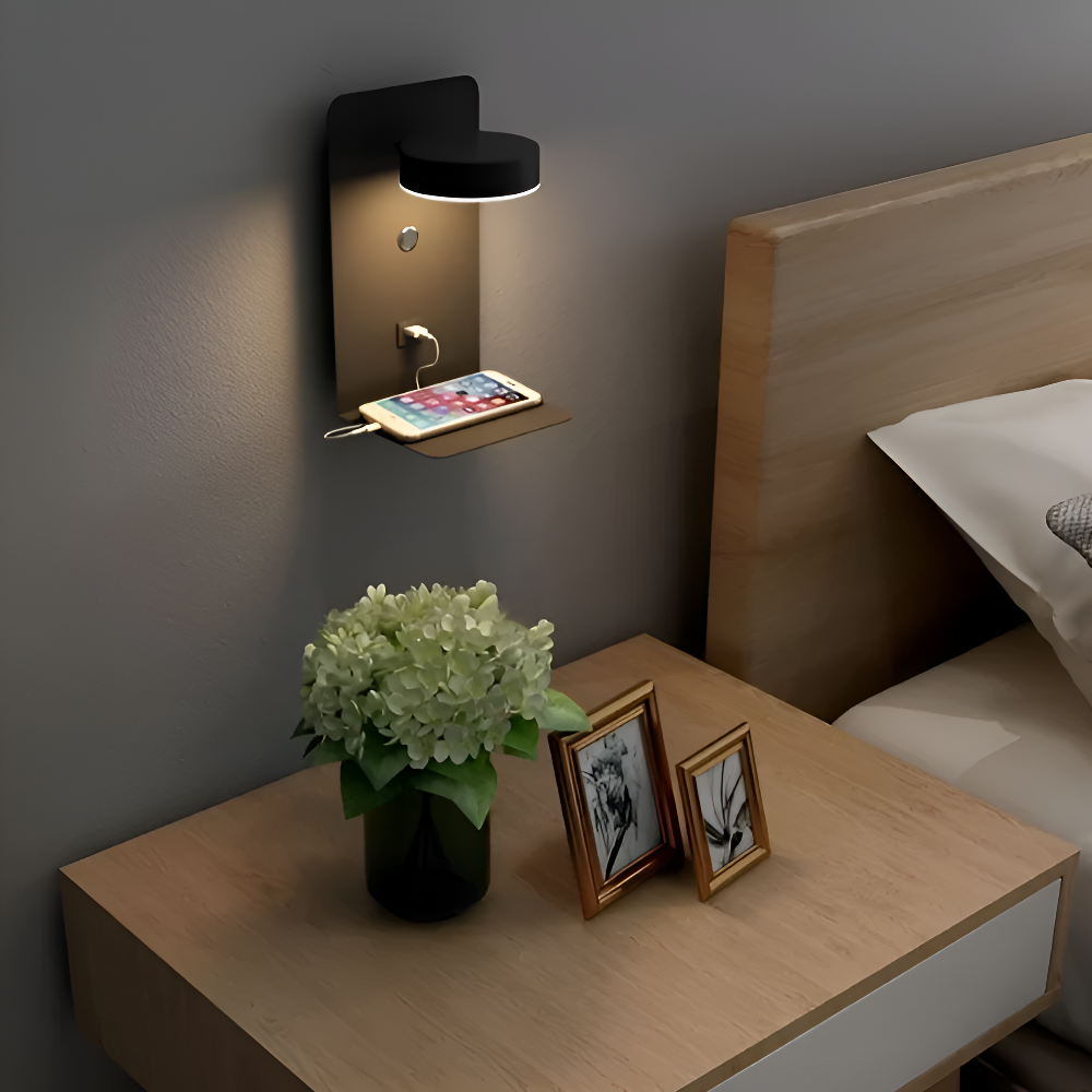 Kinkiet LED Aluminiowy z Półką i Ładowaniem USB – Nowoczesny Kinkiet Ścienny do Sypialni i Salonu, ściemnianie Trójkolorowe 2