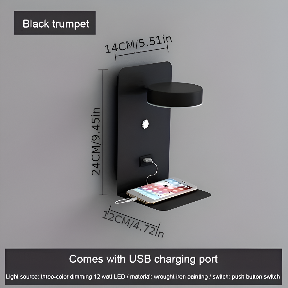 Kinkiet LED Aluminiowy z Półką i Ładowaniem USB – Nowoczesny Kinkiet Ścienny do Sypialni i Salonu, ściemnianie Trójkolorowe 6