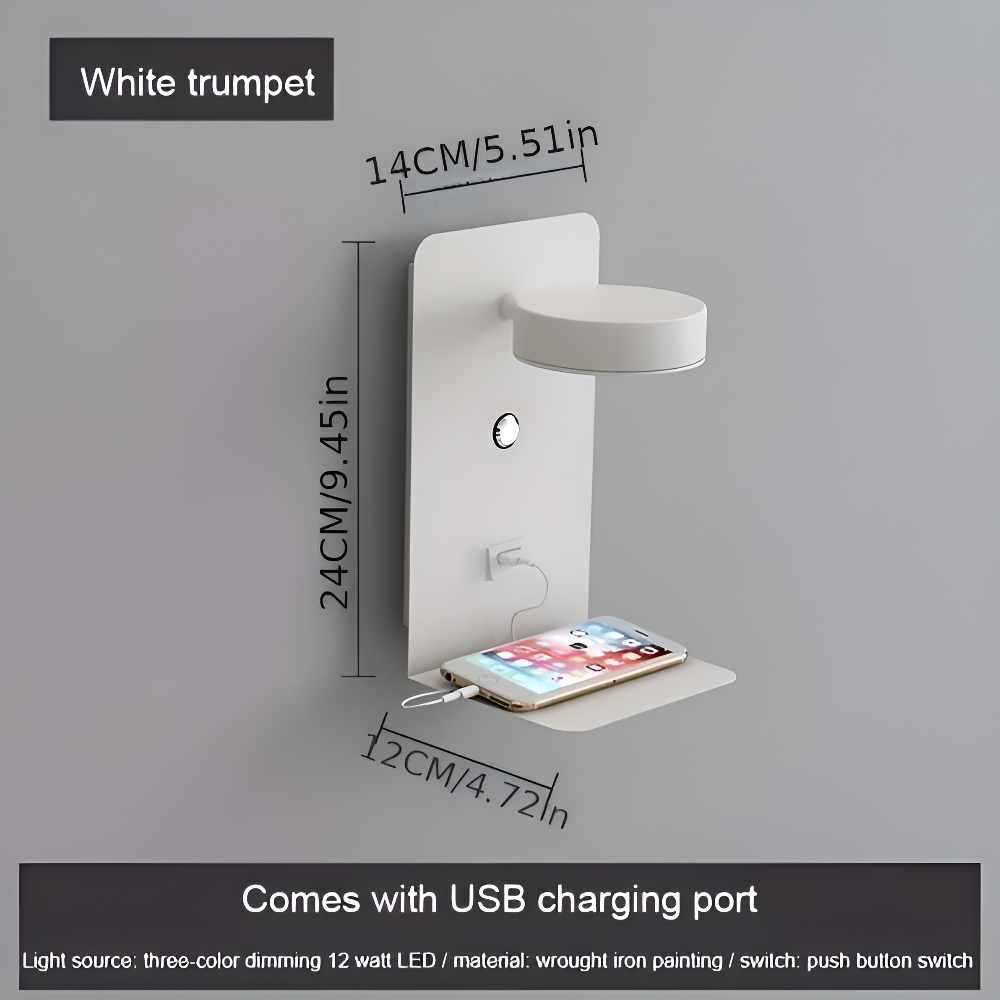 Kinkiet LED Aluminiowy z Półką i Ładowaniem USB – Nowoczesny Kinkiet Ścienny do Sypialni i Salonu, ściemnianie Trójkolorowe 7
