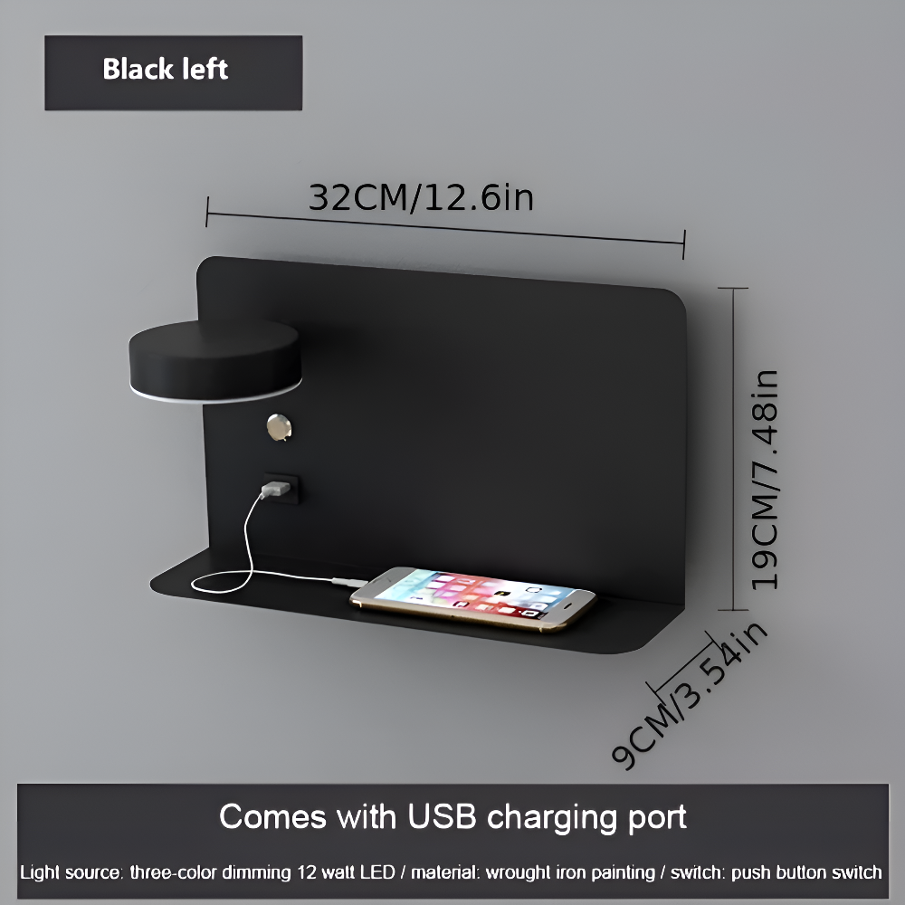Kinkiet LED Aluminiowy z Półką i Ładowaniem USB – Nowoczesny Kinkiet Ścienny do Sypialni i Salonu, ściemnianie Trójkolorowe 8