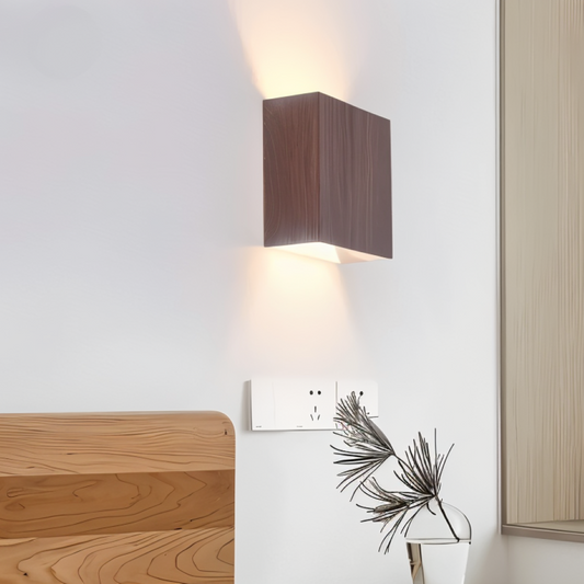 Kinkiet Ścienny Boxy LED z Drewna, Stylowy Kinkiet do Sypialni i Salonu, Prostokątna Lampa Oświetleniowa 1