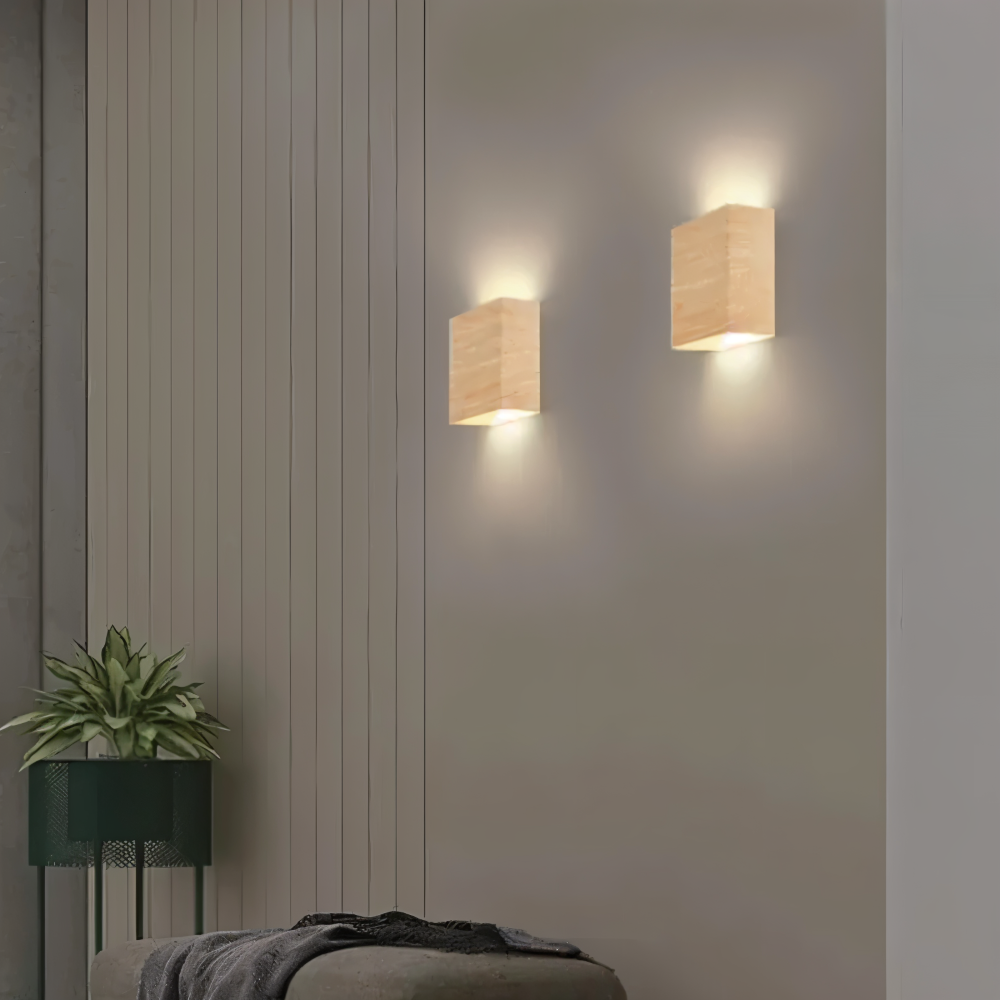 Kinkiet Ścienny Boxy LED z Drewna, Stylowy Kinkiet do Sypialni i Salonu, Prostokątna Lampa Oświetleniowa 3
