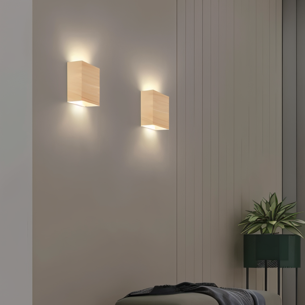 Kinkiet Ścienny Boxy LED z Drewna, Stylowy Kinkiet do Sypialni i Salonu, Prostokątna Lampa Oświetleniowa 4