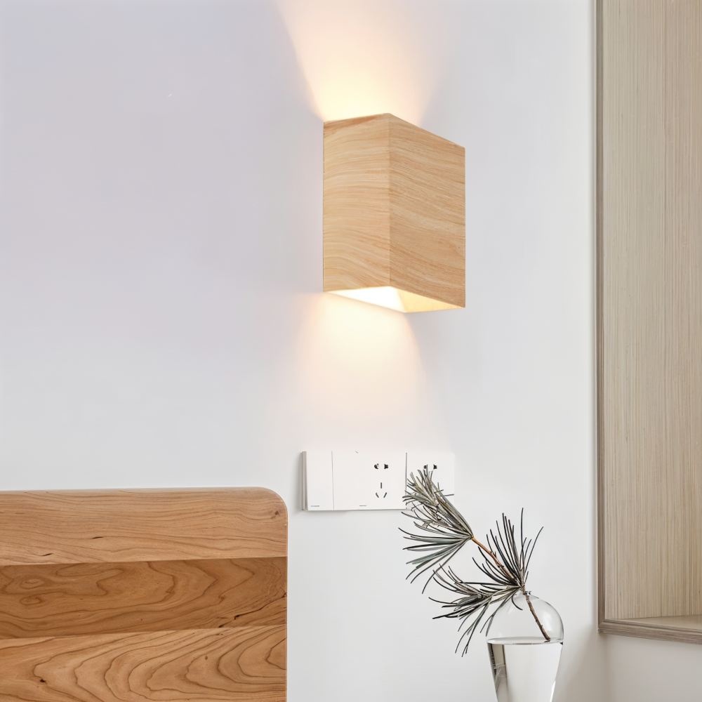 Kinkiet Ścienny Boxy LED z Drewna, Stylowy Kinkiet do Sypialni i Salonu, Prostokątna Lampa Oświetleniowa 5