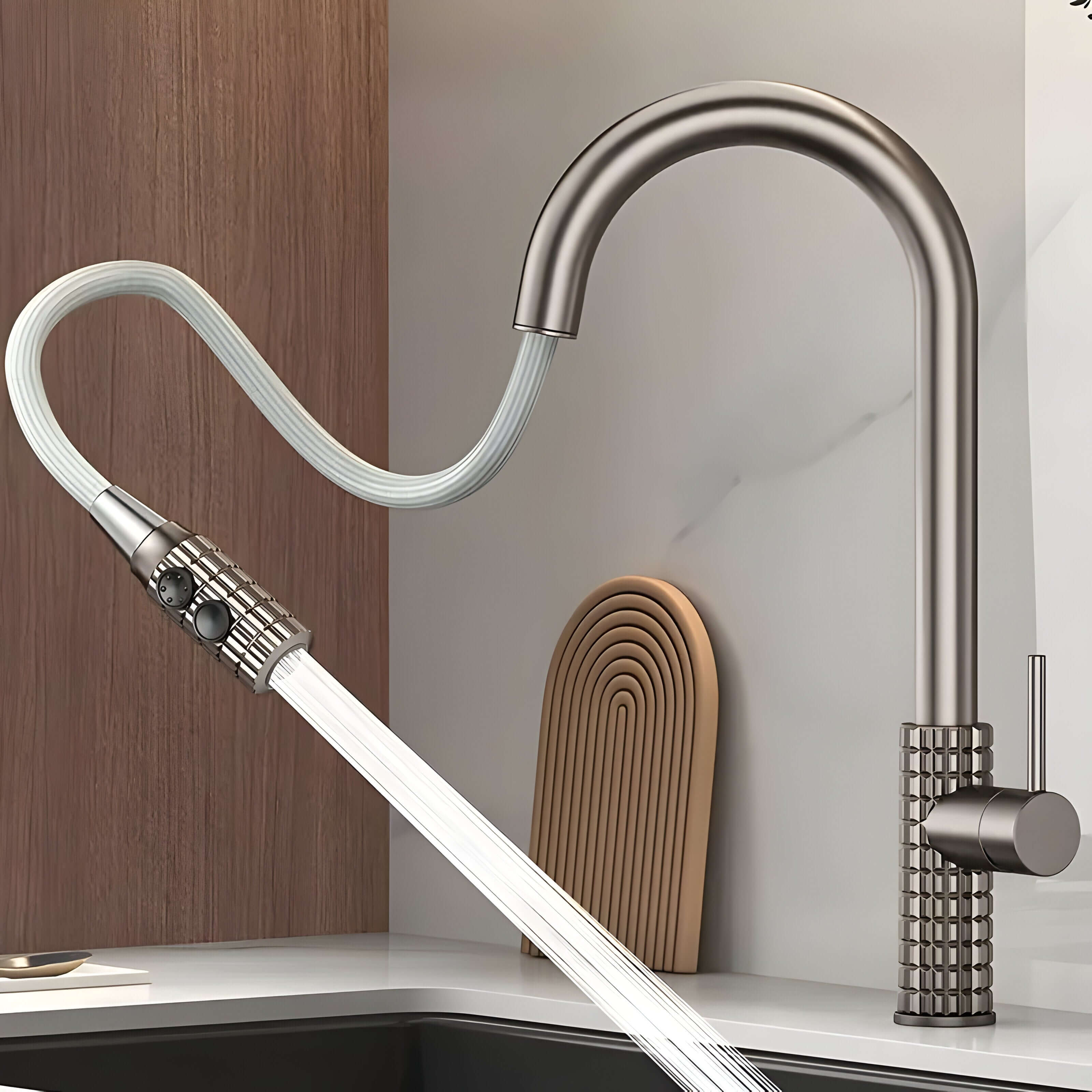 Kran kuchenny z wyciąganą słuchawką – Elegancki, funkcjonalny mosiężny model z wysokim łukiem do każdej kuchni 7