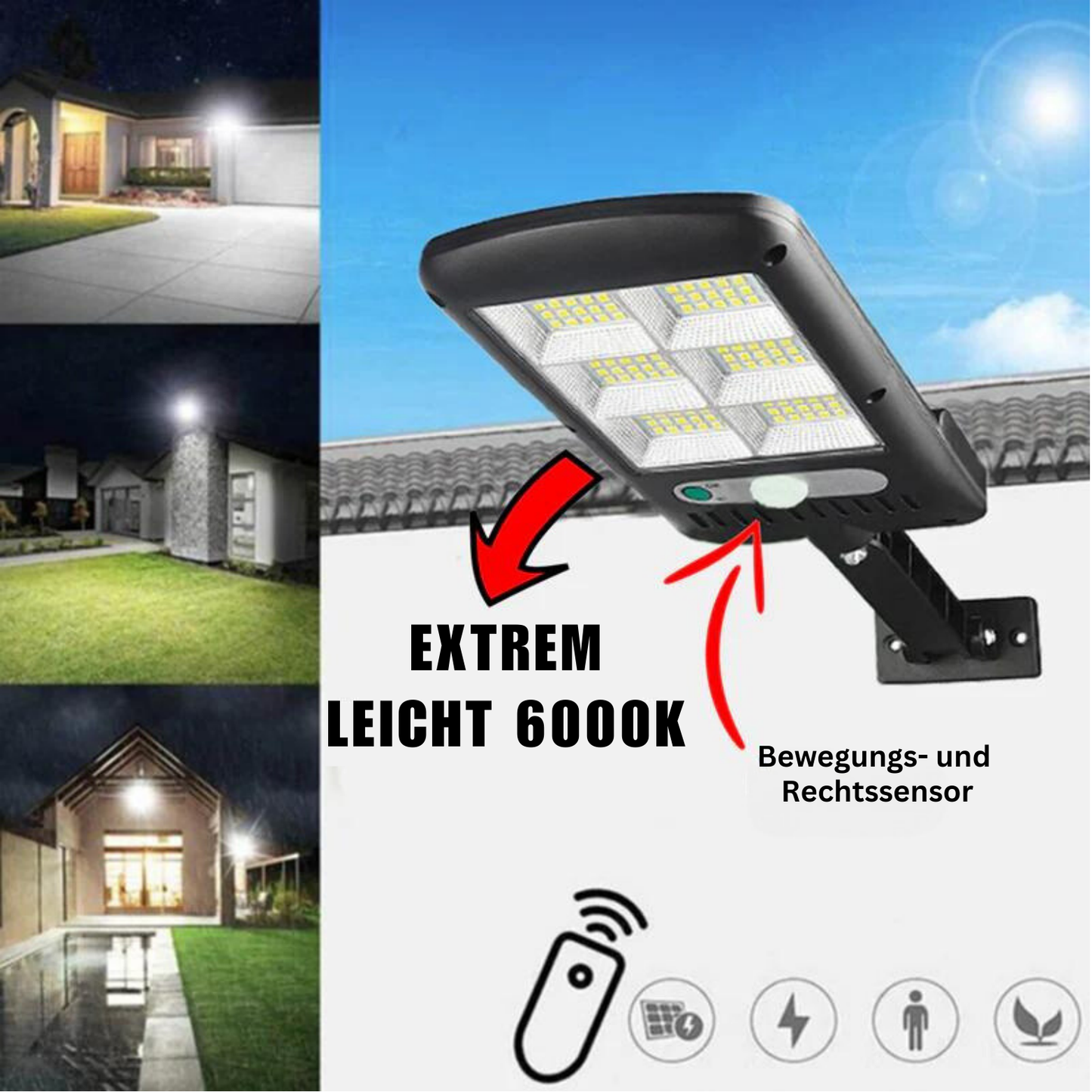 Lampa Solarna Ogrodowa LED z Czujnikiem Ruchu i Pilotem, Super Jasne Światło 6000K, IP65, Energooszczędna 1