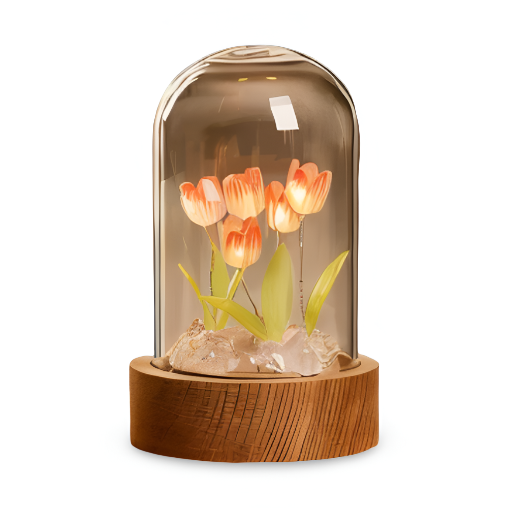 Lampa Stołowa LED Tulipanowa Szklana z Drewnianą Podstawą – Bezprzewodowa Lampa na Baterie do Salonów 0