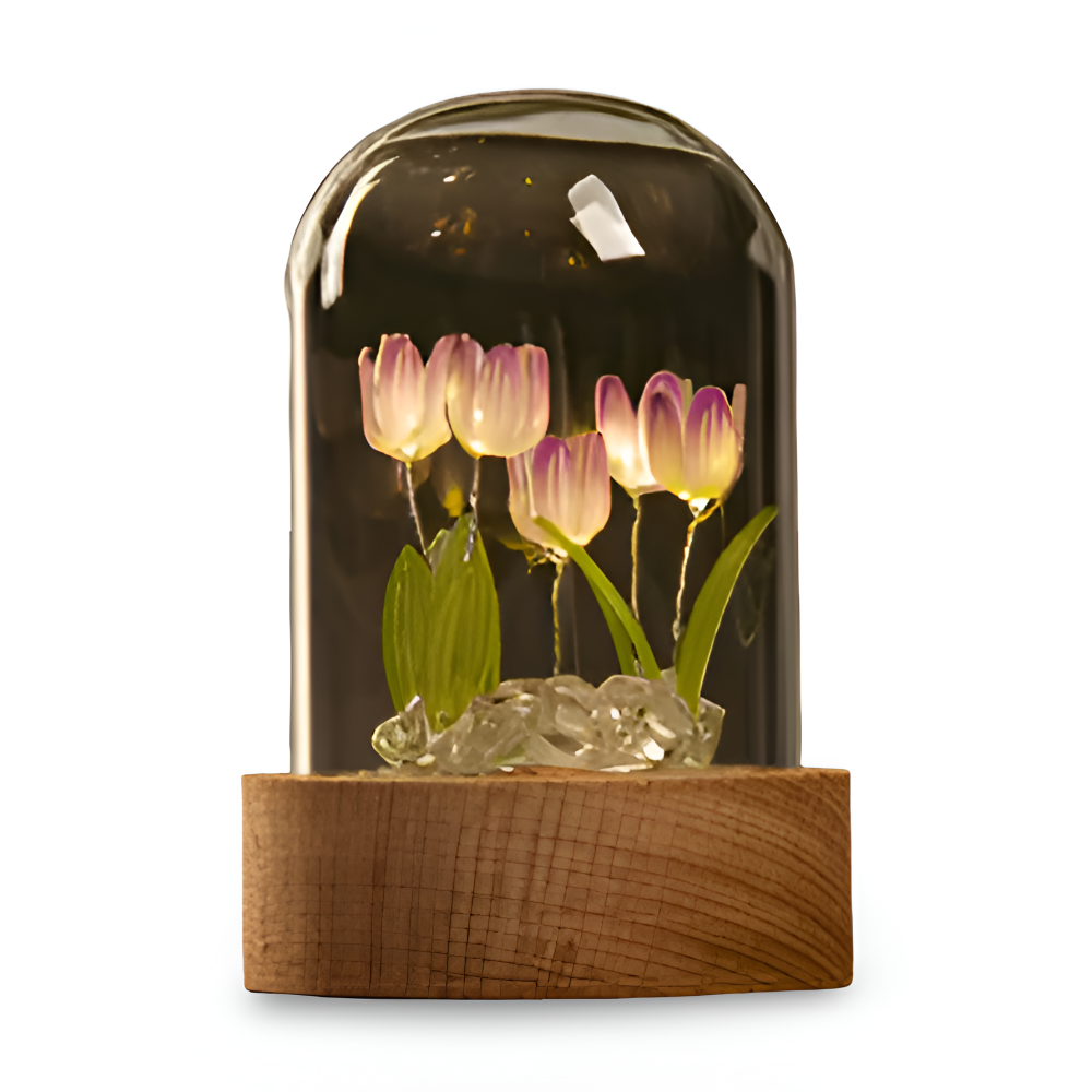 Lampa Stołowa LED Tulipanowa Szklana z Drewnianą Podstawą – Bezprzewodowa Lampa na Baterie do Salonów 14