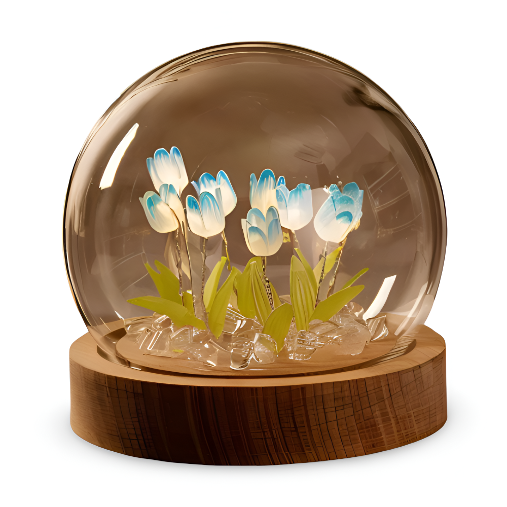 Lampa Stołowa LED Tulipanowa Szklana z Drewnianą Podstawą – Bezprzewodowa Lampa na Baterie do Salonów 15