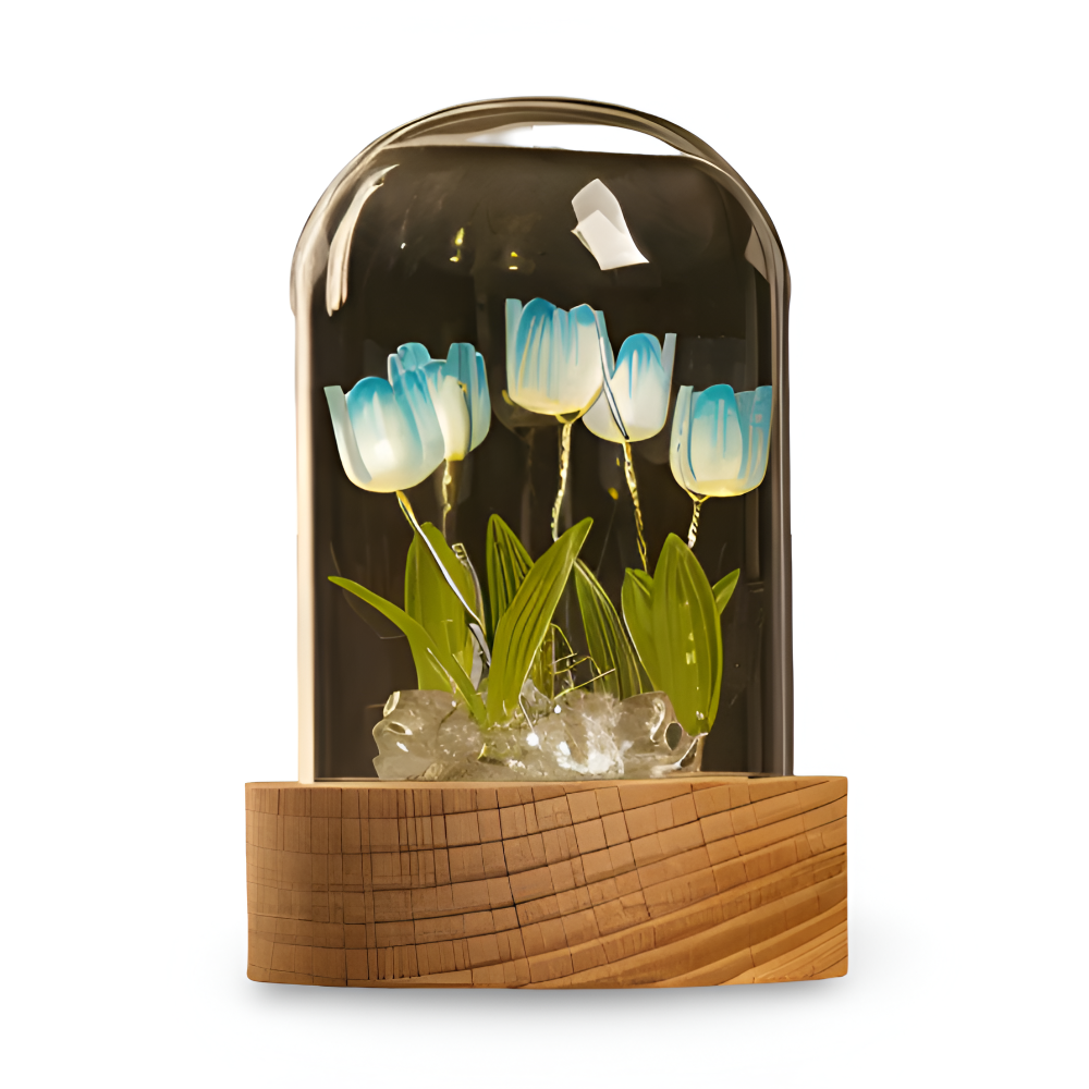 Lampa Stołowa LED Tulipanowa Szklana z Drewnianą Podstawą – Bezprzewodowa Lampa na Baterie do Salonów 16