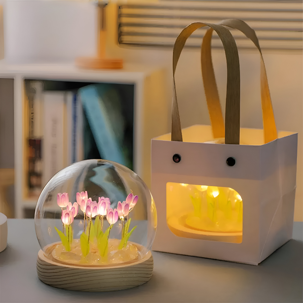 Lampa Stołowa LED Tulipanowa Szklana z Drewnianą Podstawą – Bezprzewodowa Lampa na Baterie do Salonów 6