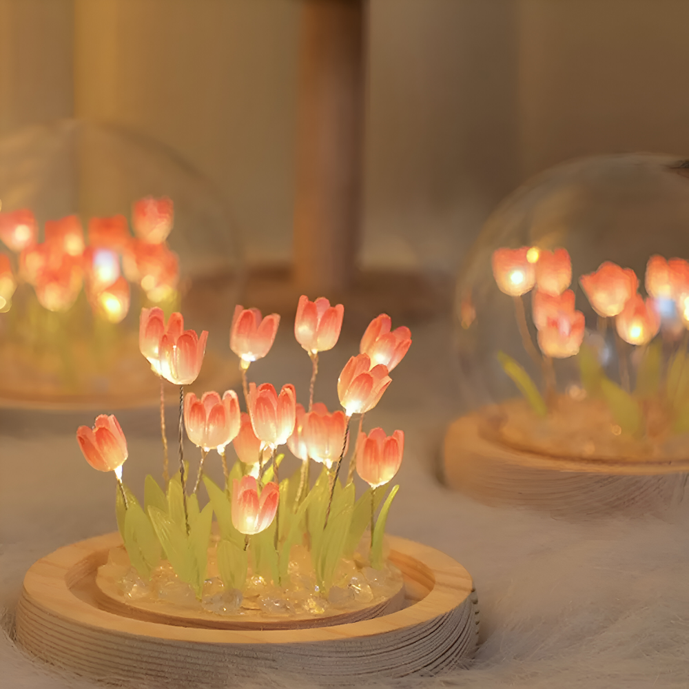 Lampa Stołowa LED Tulipanowa Szklana z Drewnianą Podstawą – Bezprzewodowa Lampa na Baterie do Salonów 7