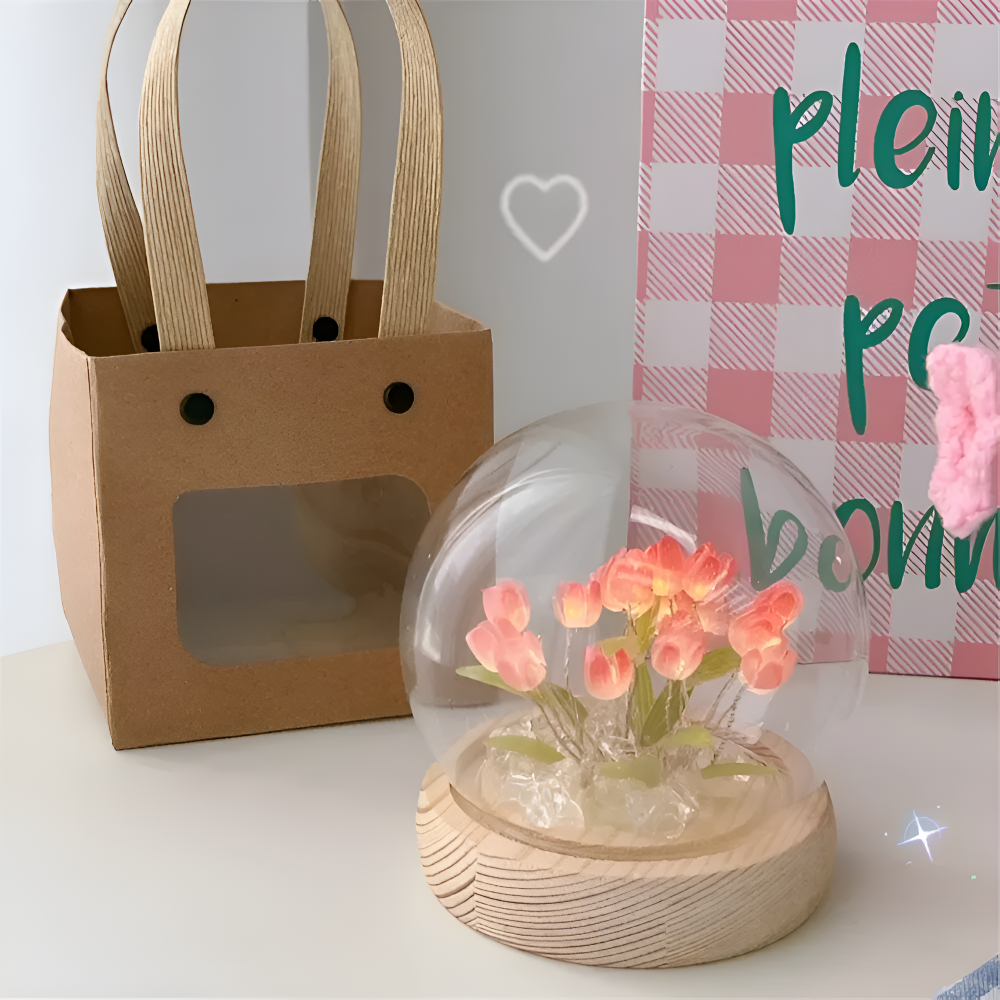 Lampa Stołowa LED Tulipanowa Szklana z Drewnianą Podstawą – Bezprzewodowa Lampa na Baterie do Salonów 8