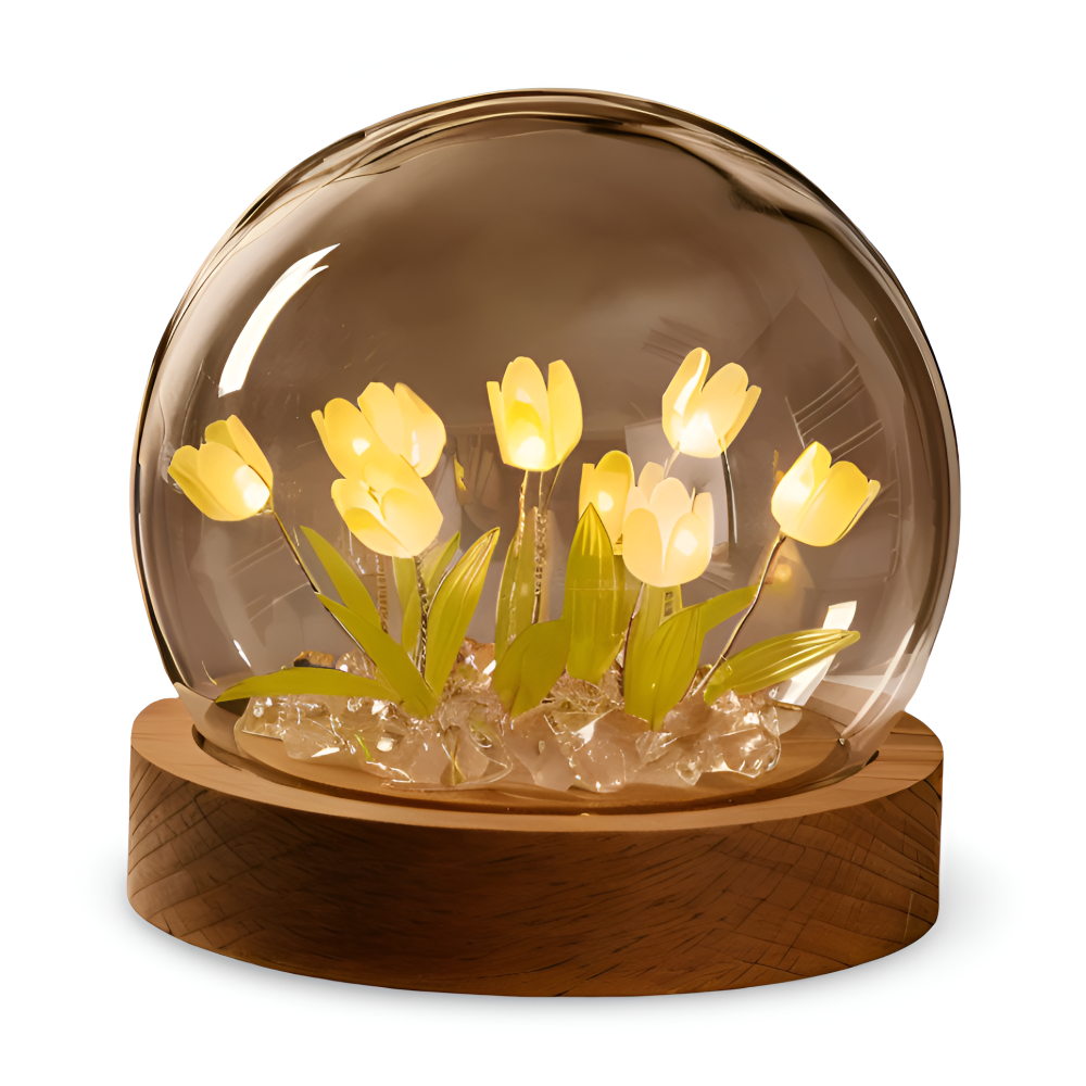Lampa Stołowa LED Tulipanowa Szklana z Drewnianą Podstawą – Bezprzewodowa Lampa na Baterie do Salonów 9