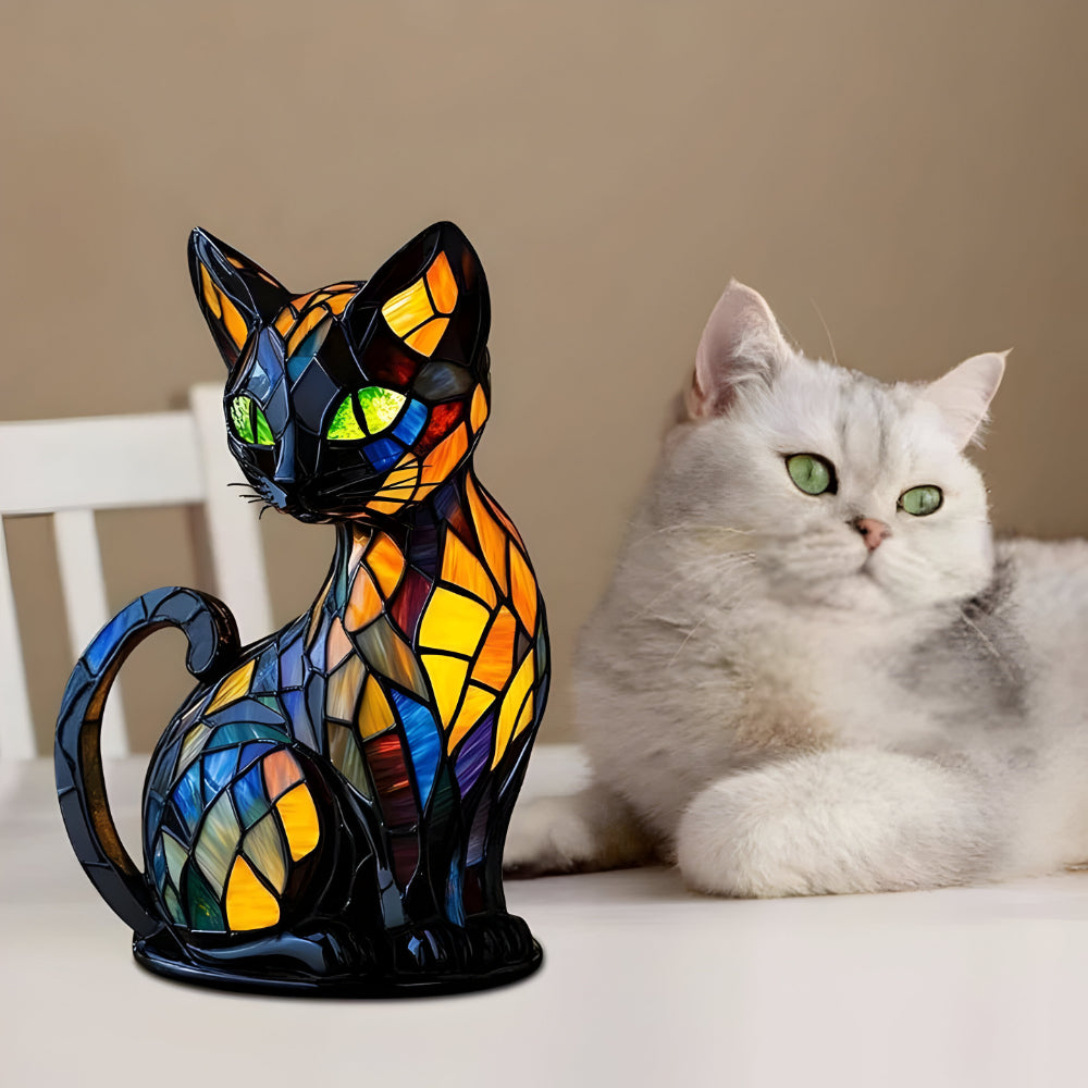 Lampa Stołowa Szklana Tiffany w Kształcie Kota – Ręcznie Wykonana Lampa Dekoracyjna do Salonu i Sypialni 5