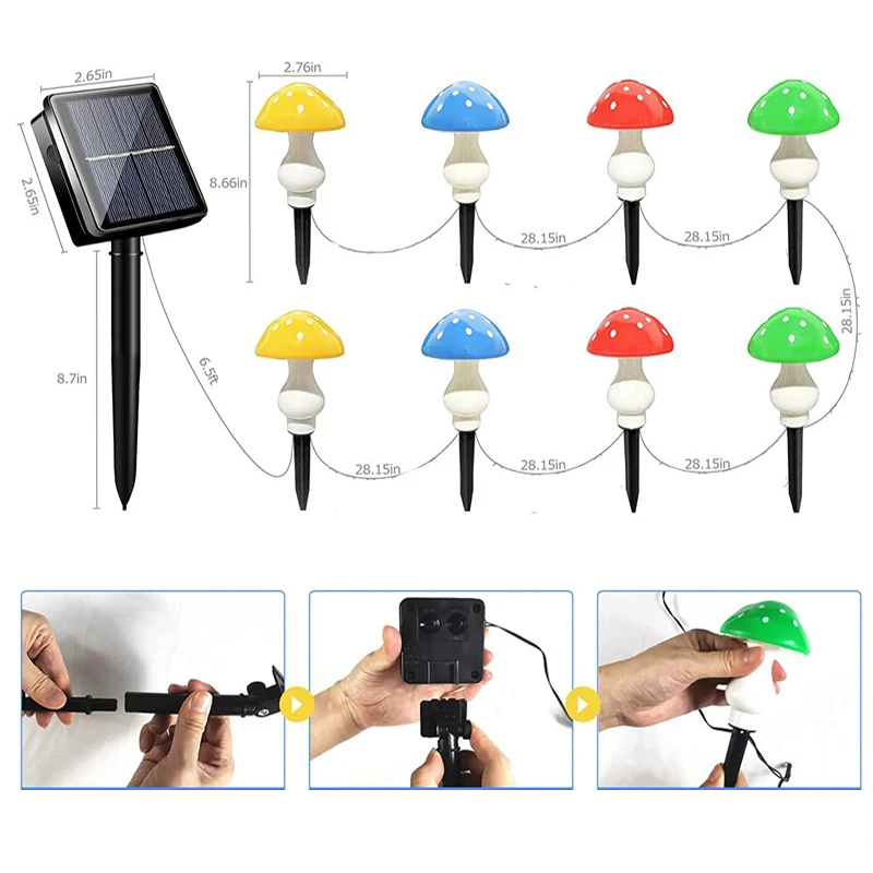 Lampki Ogrodowe Solarne w Kształcie Grzybów, 12 LED, 5m, Wodoodporne Oświetlenie Zewnętrzne do Ogrodu i Imprez 5