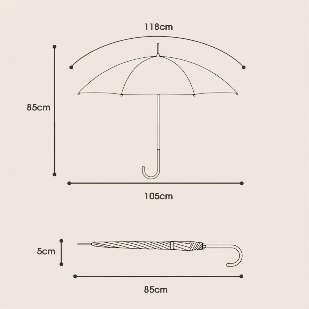Otwarty elegancki parasol damski ze skórzaną rączką – widok na czaszę 105 cm