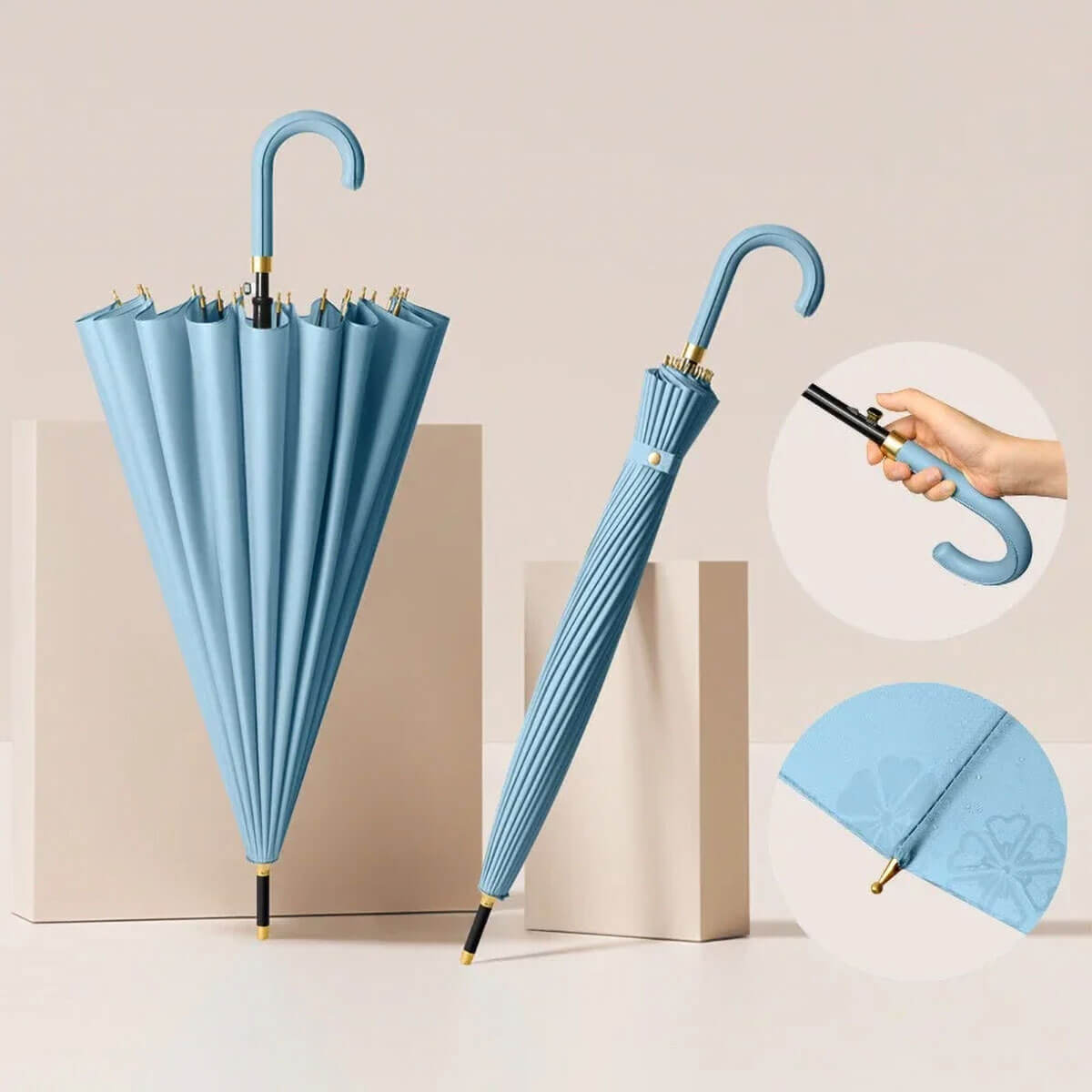 Niebieski parasol damski ze skórzaną rączką – elegancka prezentacja