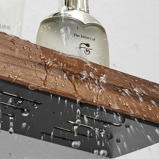 Samoprzylepny Regał Łazienkowy z Litego Drewna – Łatwy Montaż, Stylowy Design, Idealny do Przechowywania Kosmetyków i Ręczników 4