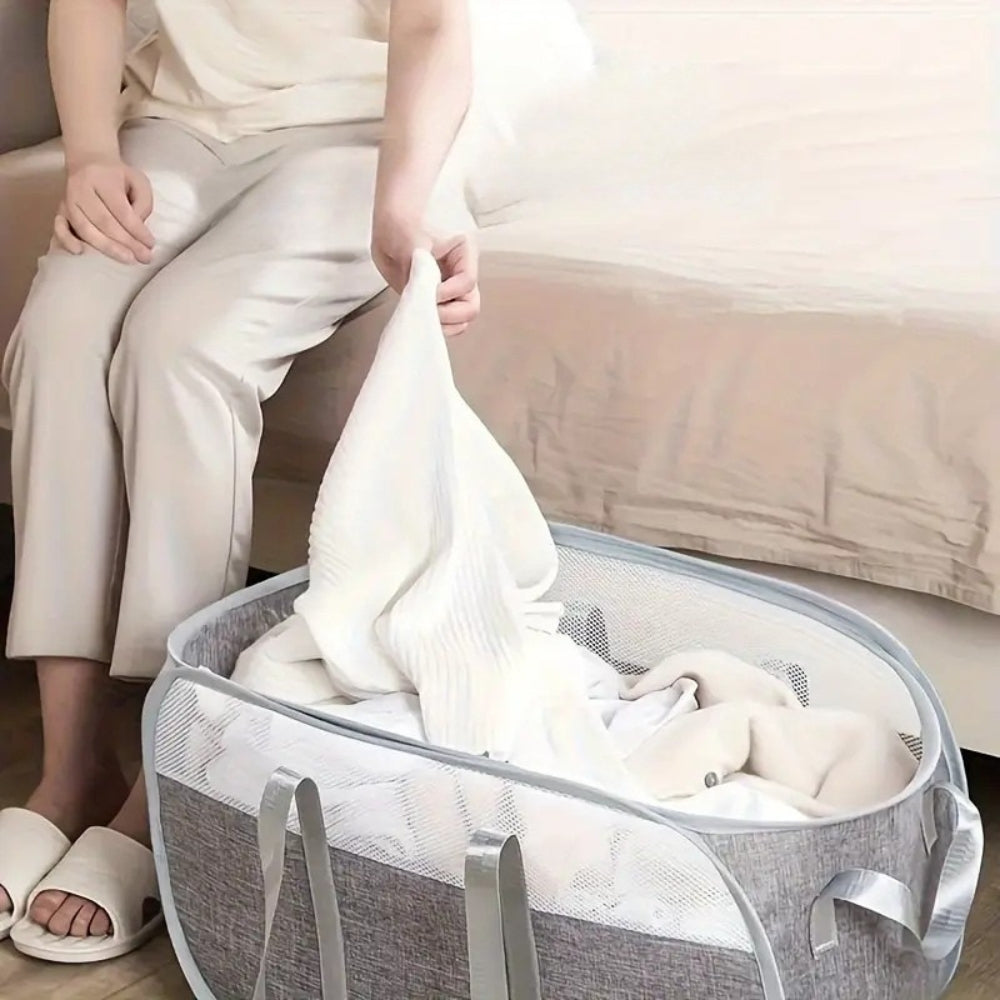Składany kosz na pranie z tkaniny Oxford – praktyczny i stylowy kosz na pranie z przewiewnymi panelami z siatki do przechowywania ubrań 3