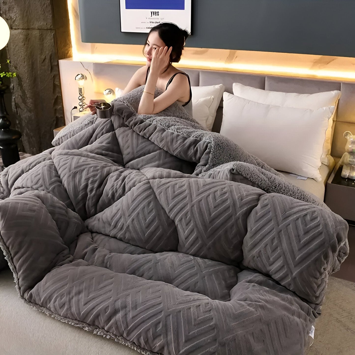 Ultra Fluff Dwu-stronna Kołdra z Fleece, Pikowana, 150x200 cm, Całoroczny Komfort, Łatwa w Pielęgnacji, Niebieska/Szara/Zielona/Khaki 2