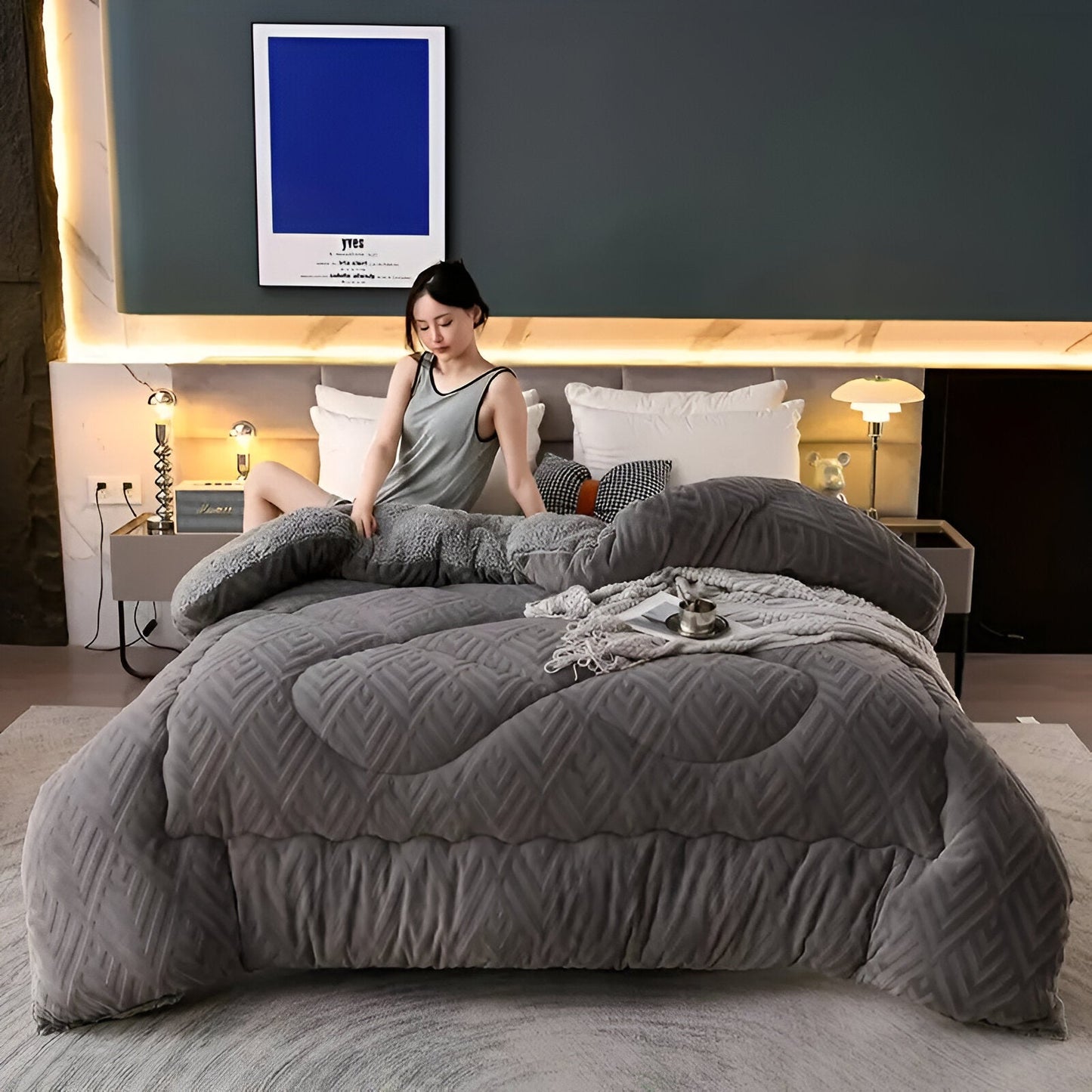 Ultra Fluff Dwu-stronna Kołdra z Fleece, Pikowana, 150x200 cm, Całoroczny Komfort, Łatwa w Pielęgnacji, Niebieska/Szara/Zielona/Khaki 3