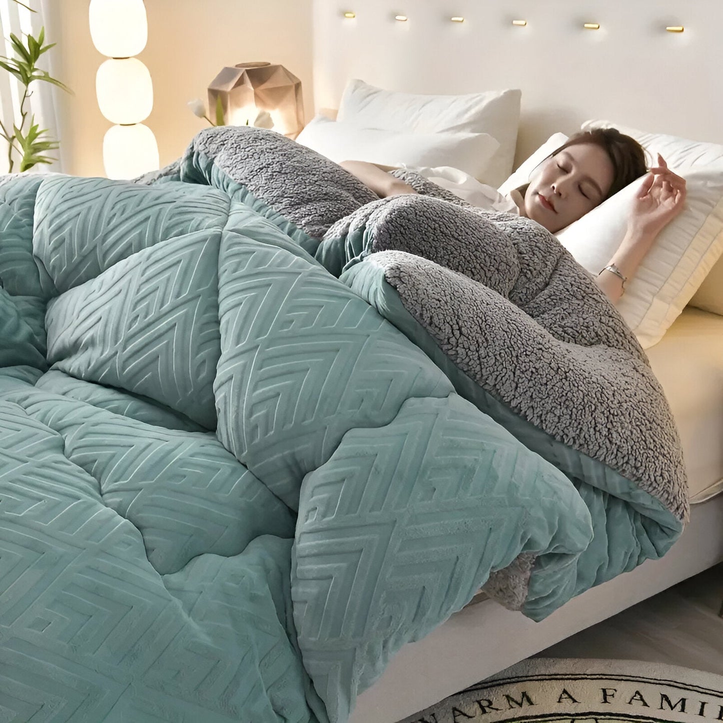 Ultra Fluff Dwu-stronna Kołdra z Fleece, Pikowana, 150x200 cm, Całoroczny Komfort, Łatwa w Pielęgnacji, Niebieska/Szara/Zielona/Khaki 7