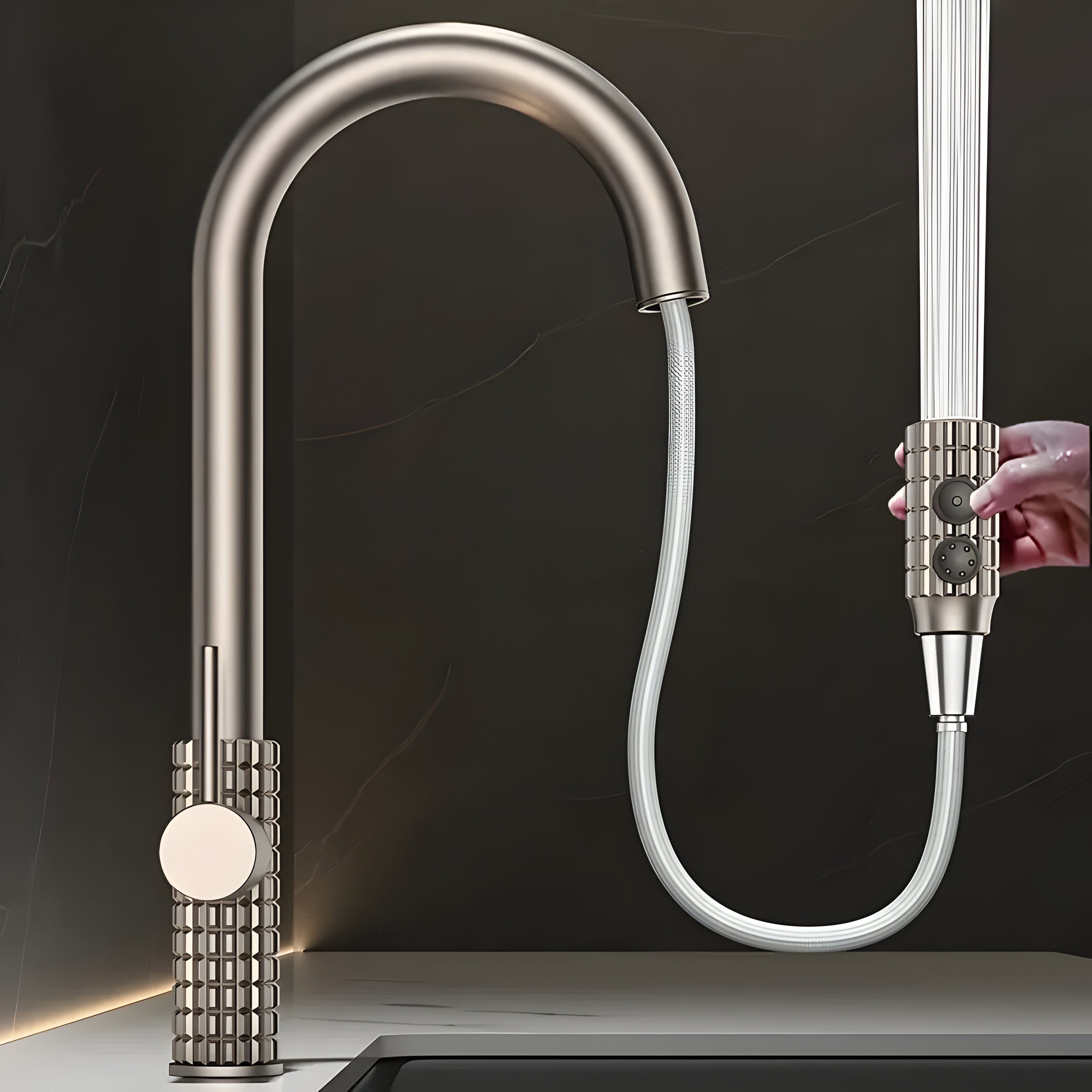 Wysoko wygięta metalowa bateria kuchenna – elegancki antyczny mosiądz z wyciąganą głowicą natryskową, łatwa w czyszczeniu i obsłudze 2