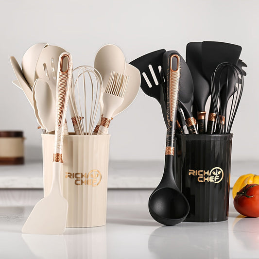 Zestaw Silikonowych Przyborów Kuchennych z Drewnianymi Uchwytami – Akcesoria do Kuchni, Odporne na Wysokie Temperatury 0