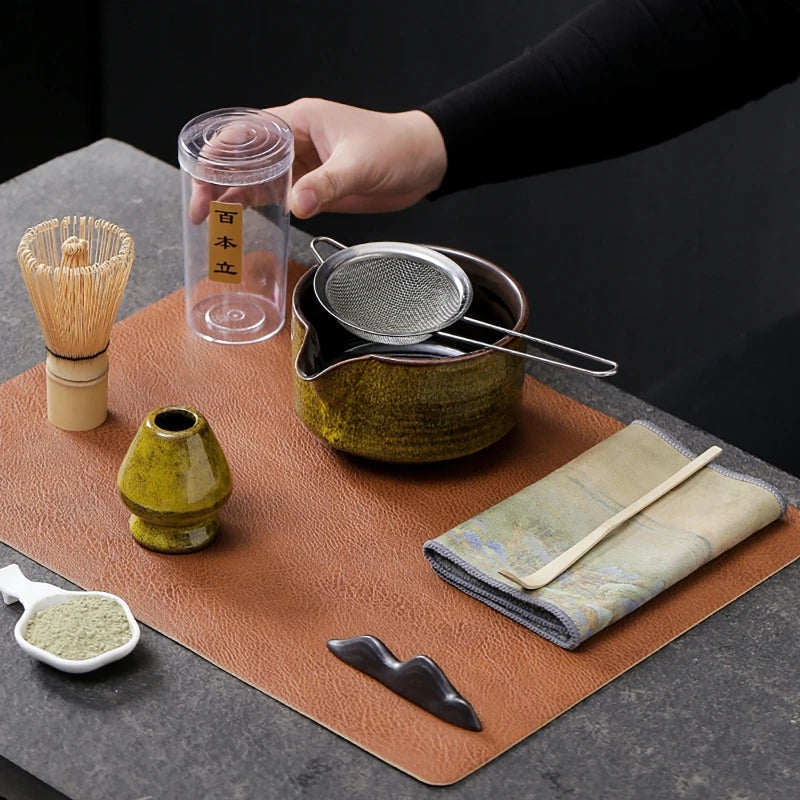 Zestaw do Matcha 7-częściowy z Ceramiki i Bambusa - Zestaw do Parzenia Herbaty z Filtrem i Ręcznikiem 1