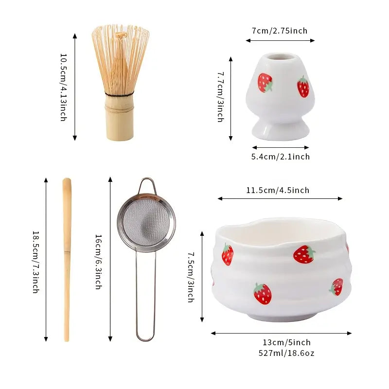 Zestaw do Matcha z Ceramiczną Czarką w Kształcie Truskawki – Akcesoria do Robienia Matchy i Matcha Latte 6