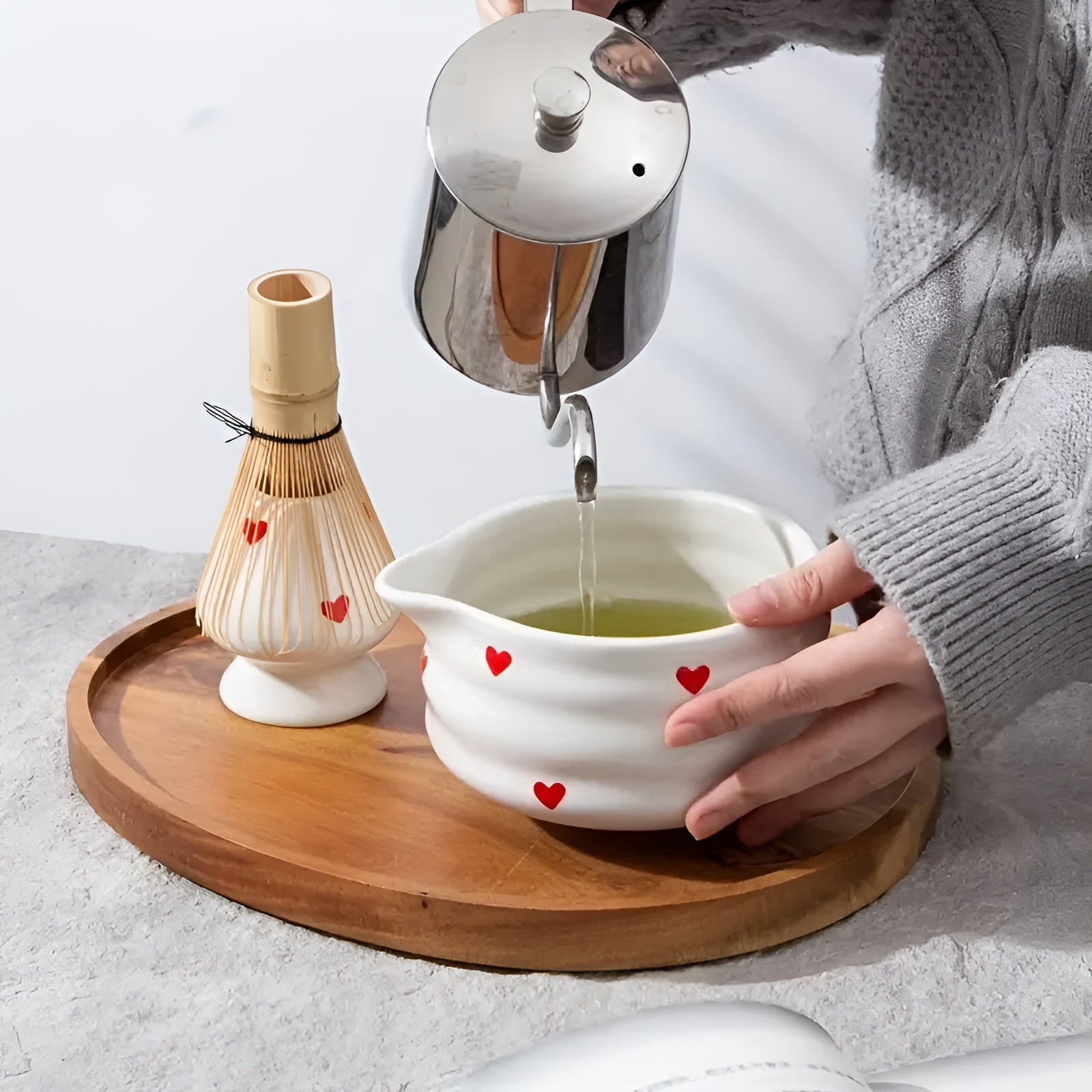 Zestaw do Matcha z Czarką 500 ml, Bambusową Trzepaczką i Akcesoriami do Robienia Matchy - Ceremonialny Zestaw do Herbaty 7