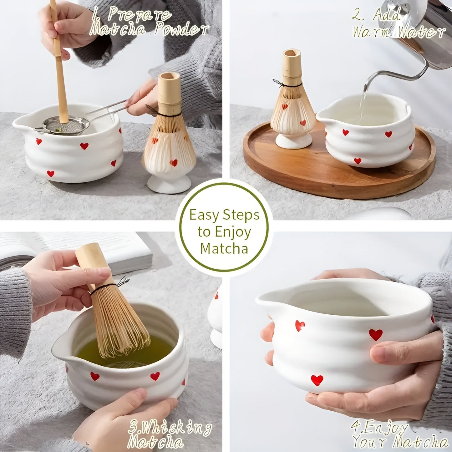 Zestaw do Matcha z Czarką 500 ml, Bambusową Trzepaczką i Akcesoriami do Robienia Matchy - Ceremonialny Zestaw do Herbaty 8