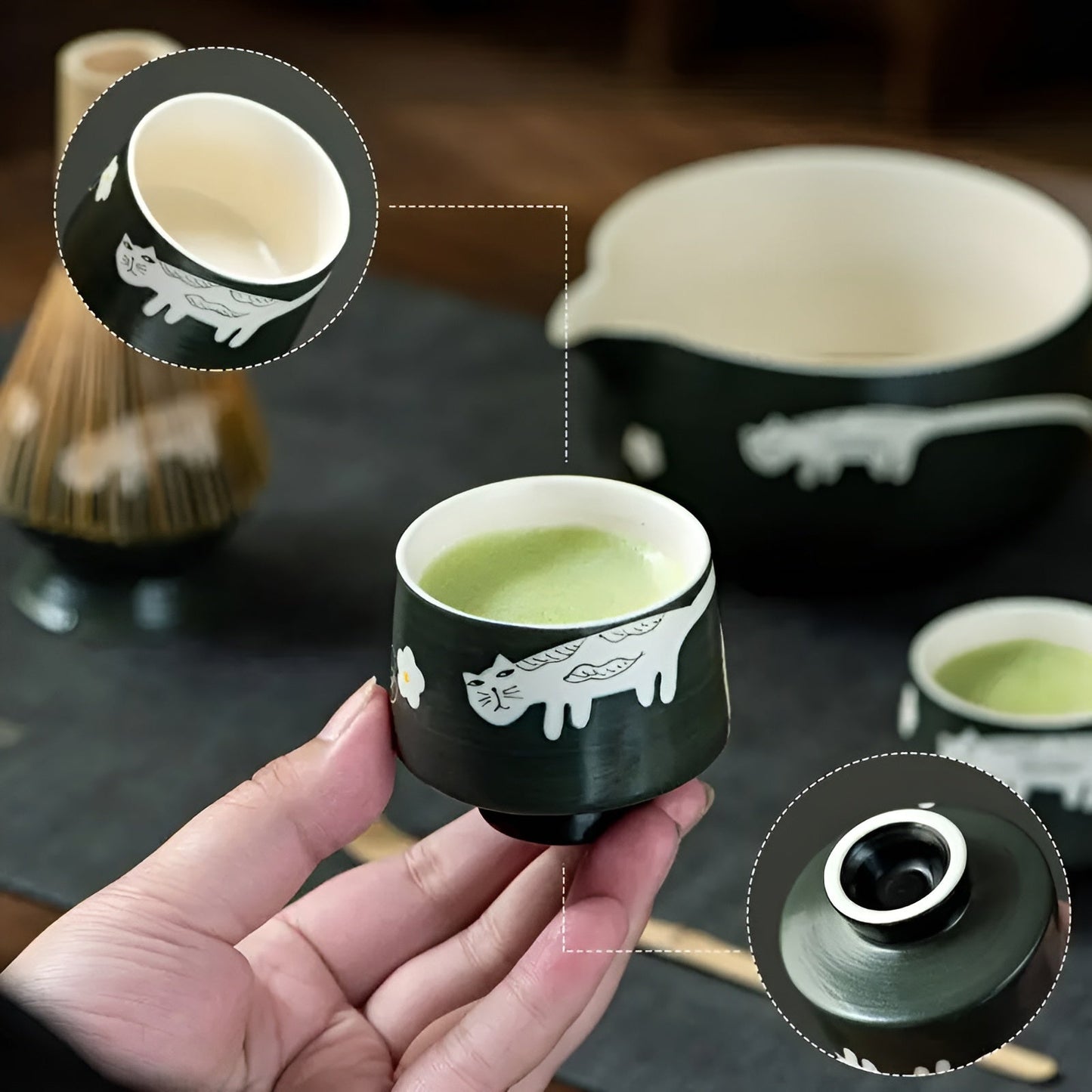 Zestaw do Matcha z Czarką i Bambusową Trzepaczką – Urokliwy Wzór Kota do Przygotowania Matchy 3