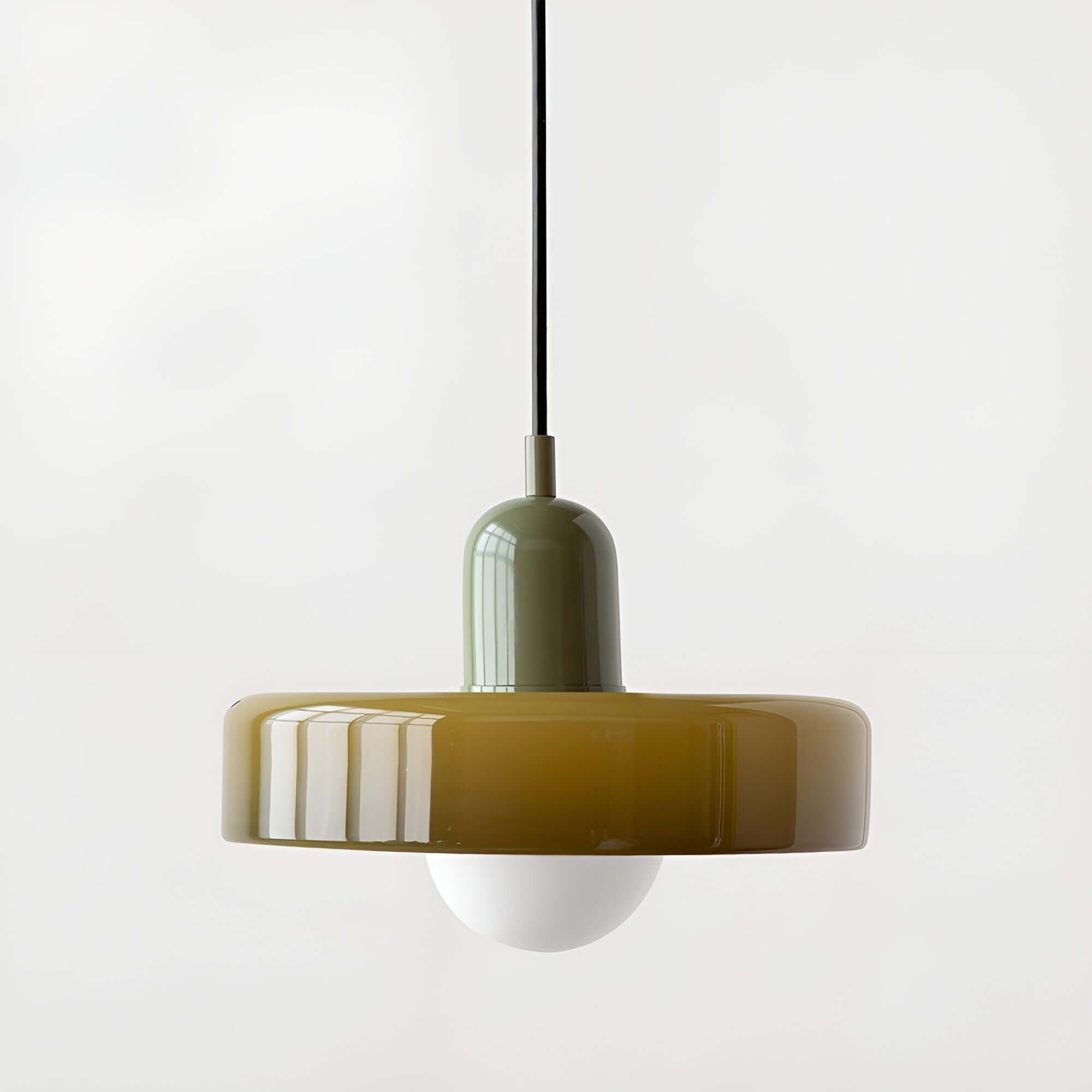Szklana lampa wisząca Bauhaus w zielono-żółtej kolorystyce, nowoczesny design do salonu.
