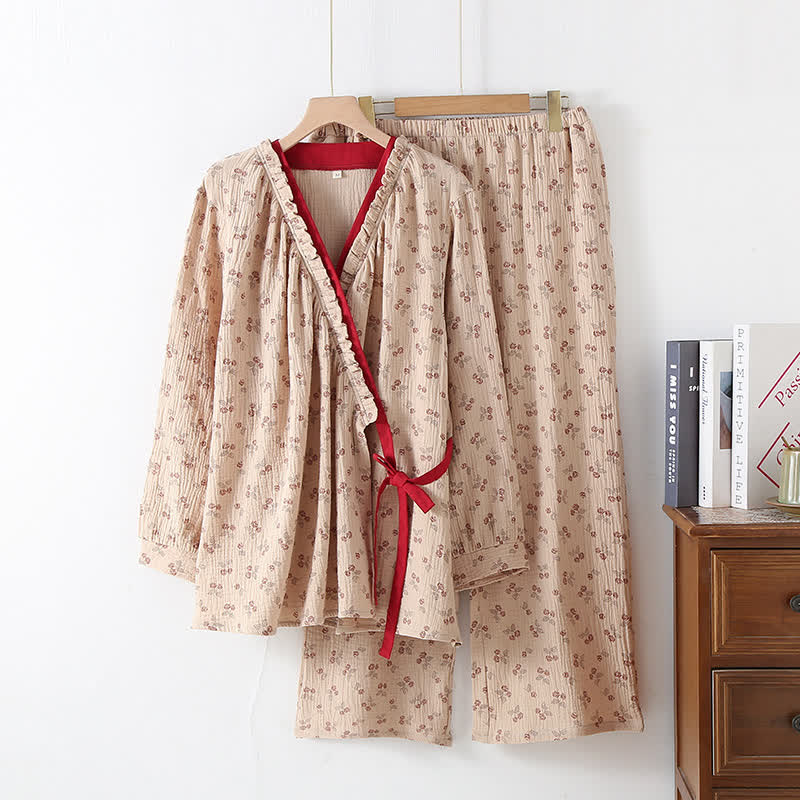 Damski komplet piżamowy kimono – stylizacja domowa, kolor beżowy