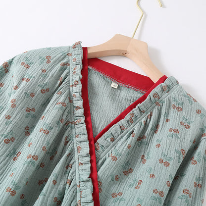 Komplet piżamowy damski kimono – bluzka z długim rękawem i spodnie, kolor niebieskozielony