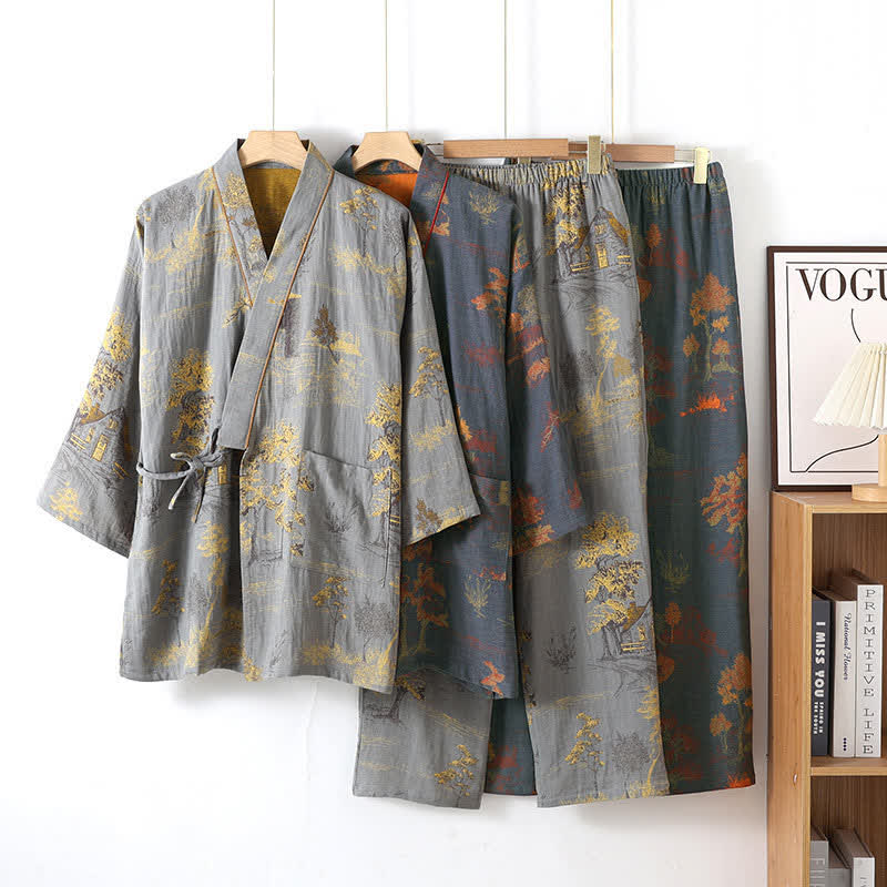 Komplet piżamy kimono z szerokimi rękawami – przód