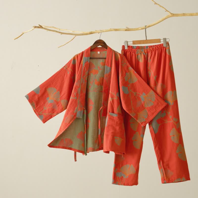 Bawełniana piżama kimono z motywem liści miłorzębu w kolorze pomarańczowym, rozmiar XL