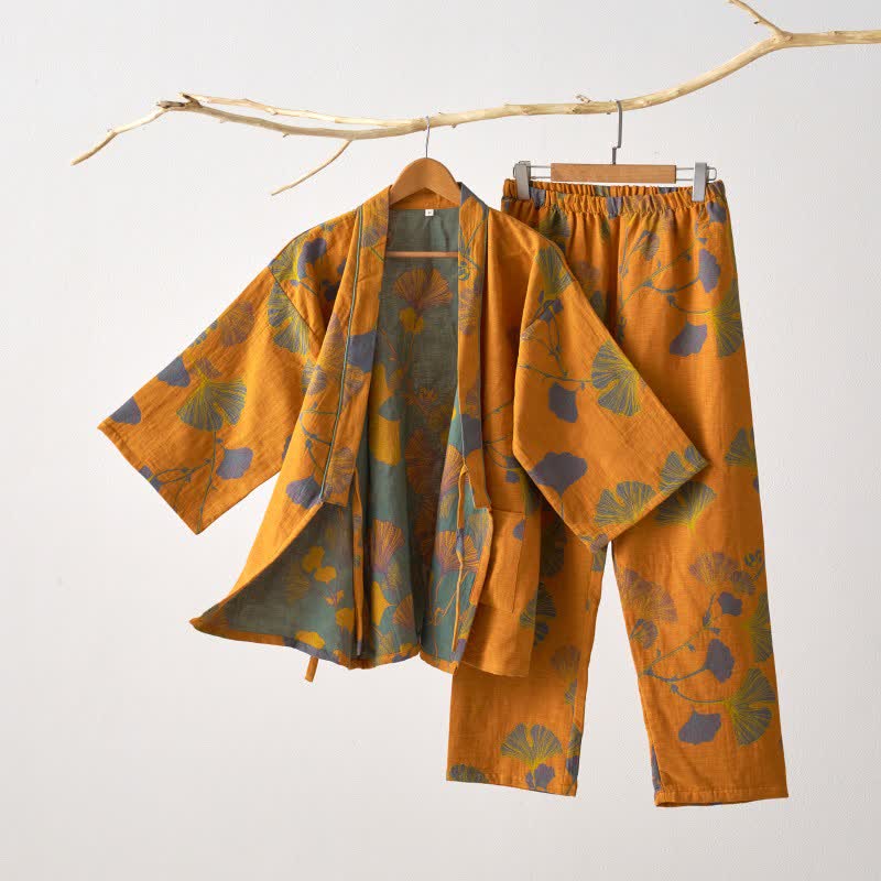 Bawełniana piżama kimono z motywem liści miłorzębu w kolorze żółtym, rozmiar XL